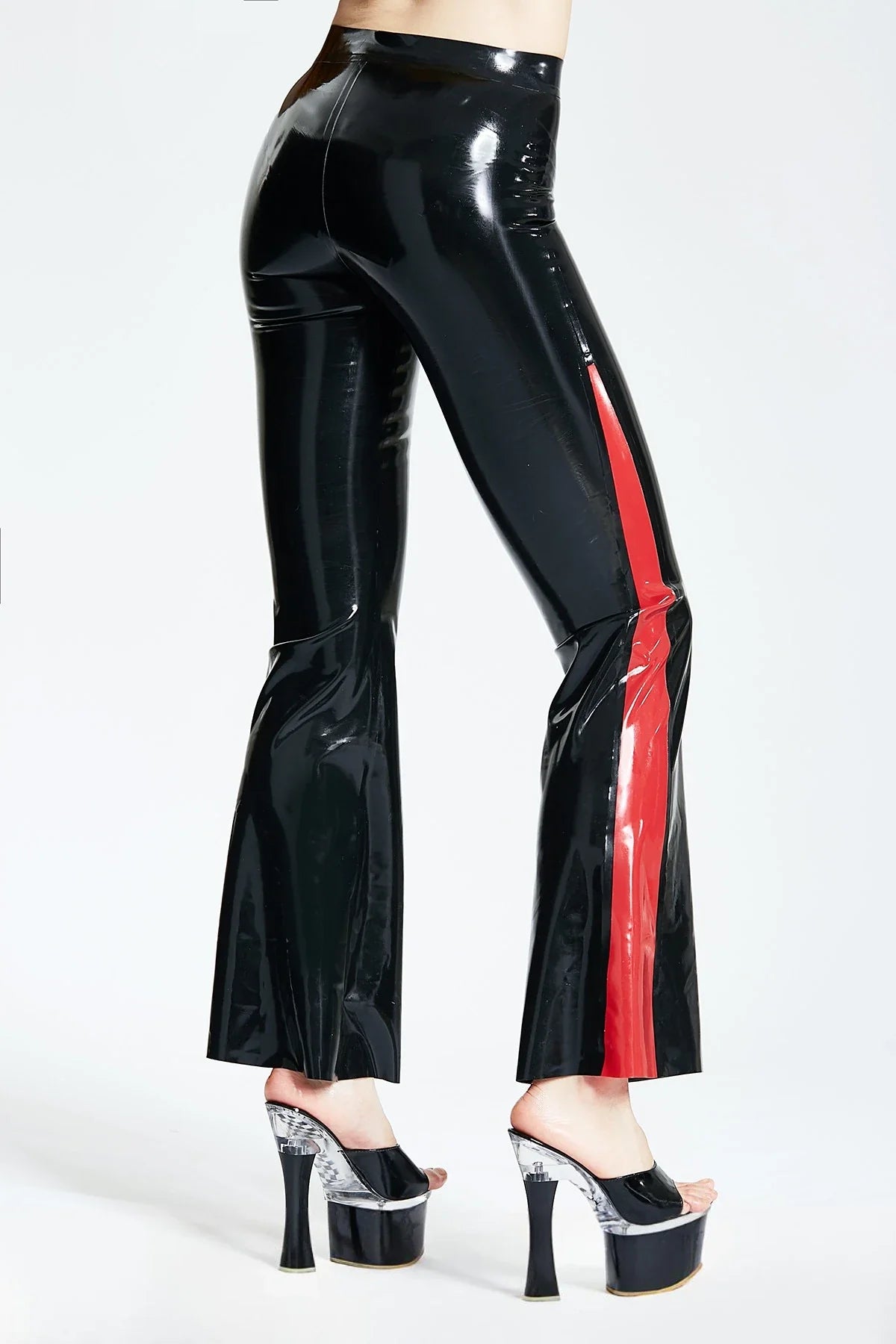 Black & Red Flared Spiked-Panel Front-Zip Latex Jeans