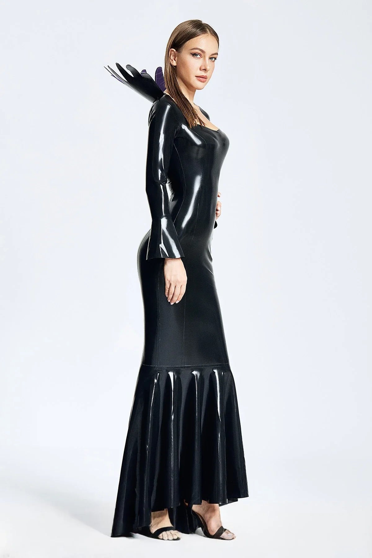 Black Purple-Trim Spiked-Collar Trumpet-Sleeve Side-Zip Latex Witch Dress