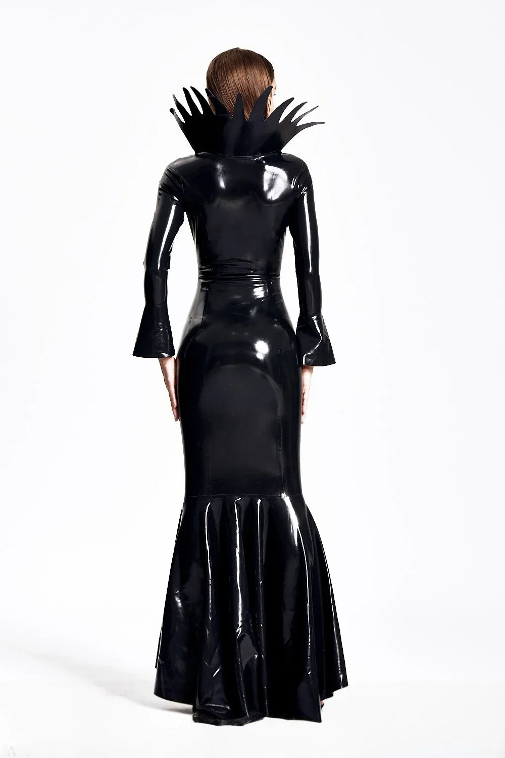 Black Purple-Trim Spiked-Collar Trumpet-Sleeve Side-Zip Latex Witch Dress
