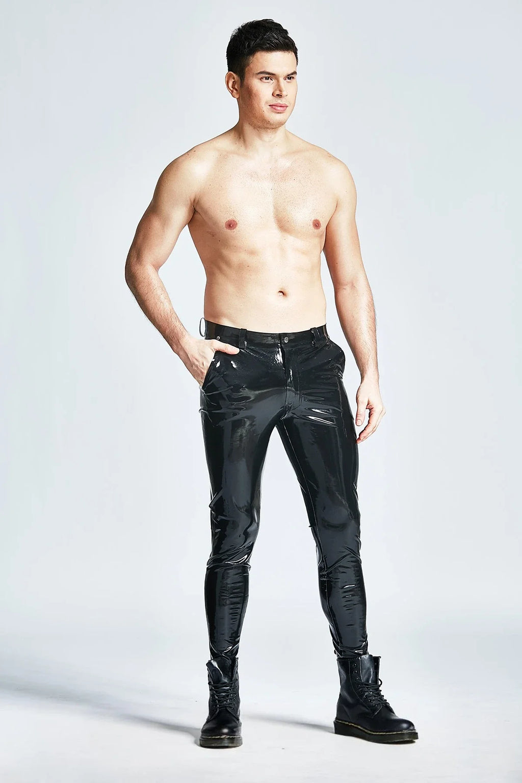 Black Pocketed Slim-Cut Front-Zip Latex Jeans