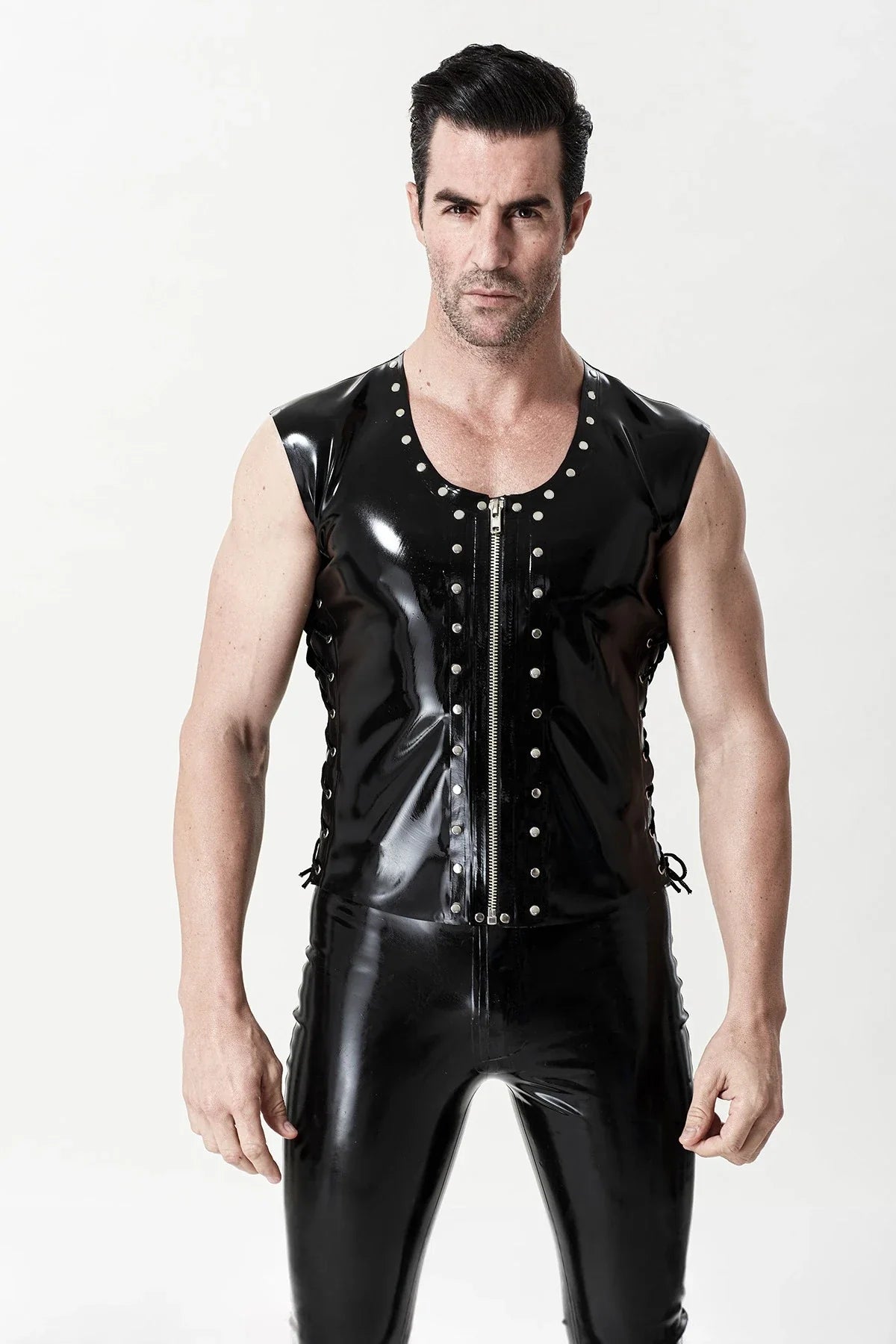 Black Eyelets Round-Neck Front-Zip Side-Lace Bondage-Ring Sleeveless Latex Vest
