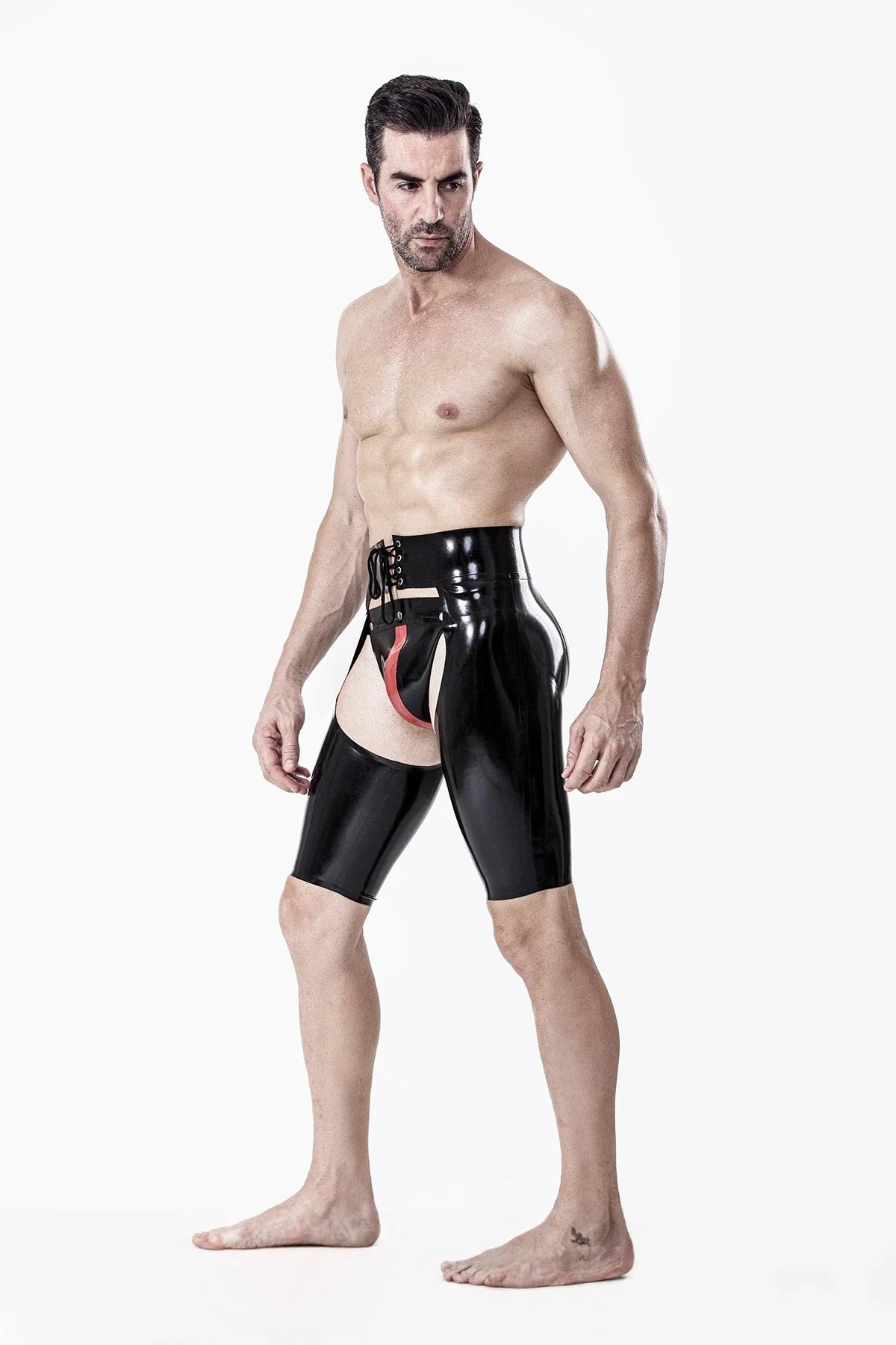 Black Knee-Length Front-Laced Wide-Back-Opening Chaps Latex Chaps
