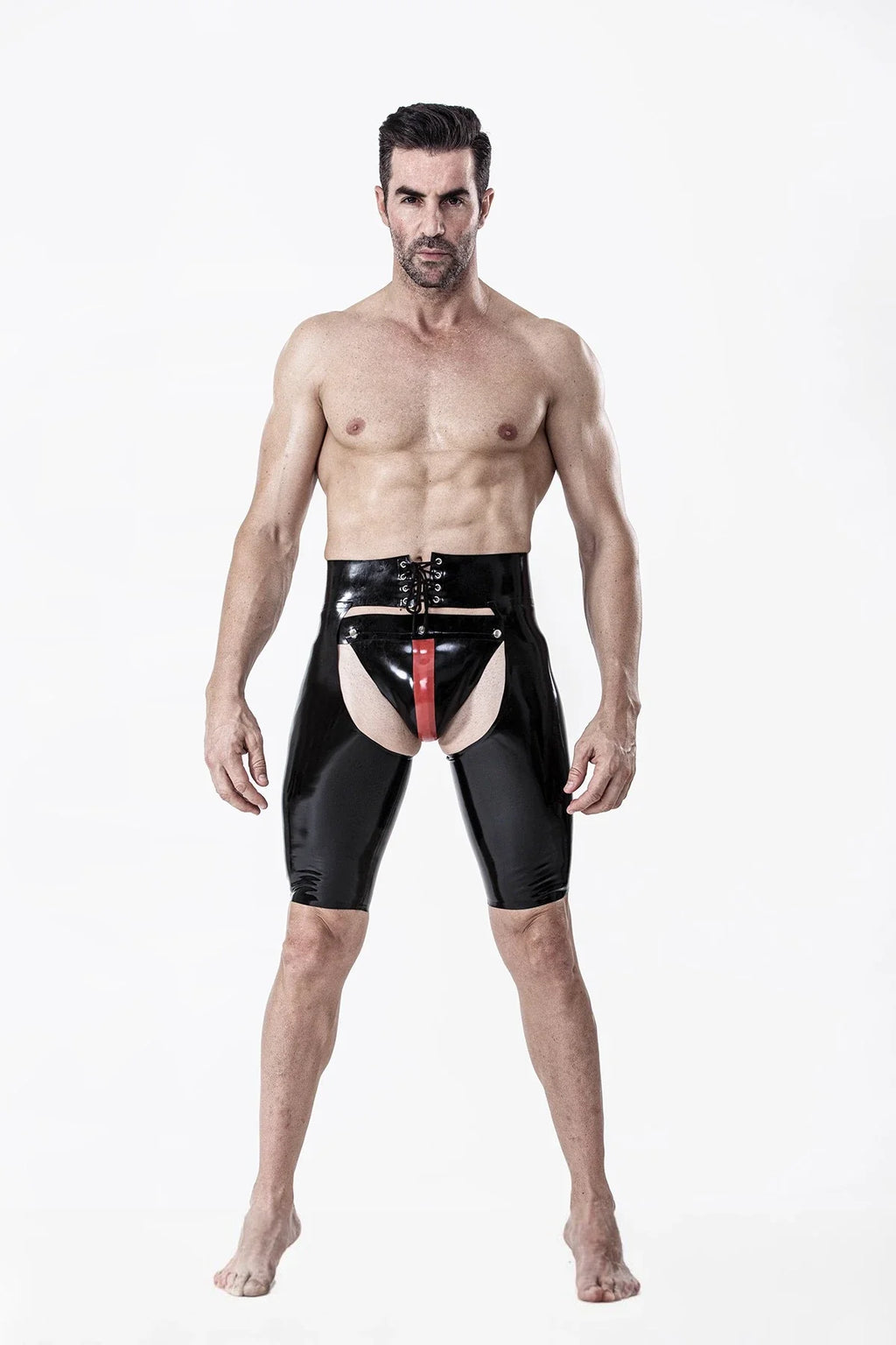 Black Knee-Length Front-Laced Wide-Back-Opening Chaps Latex Chaps