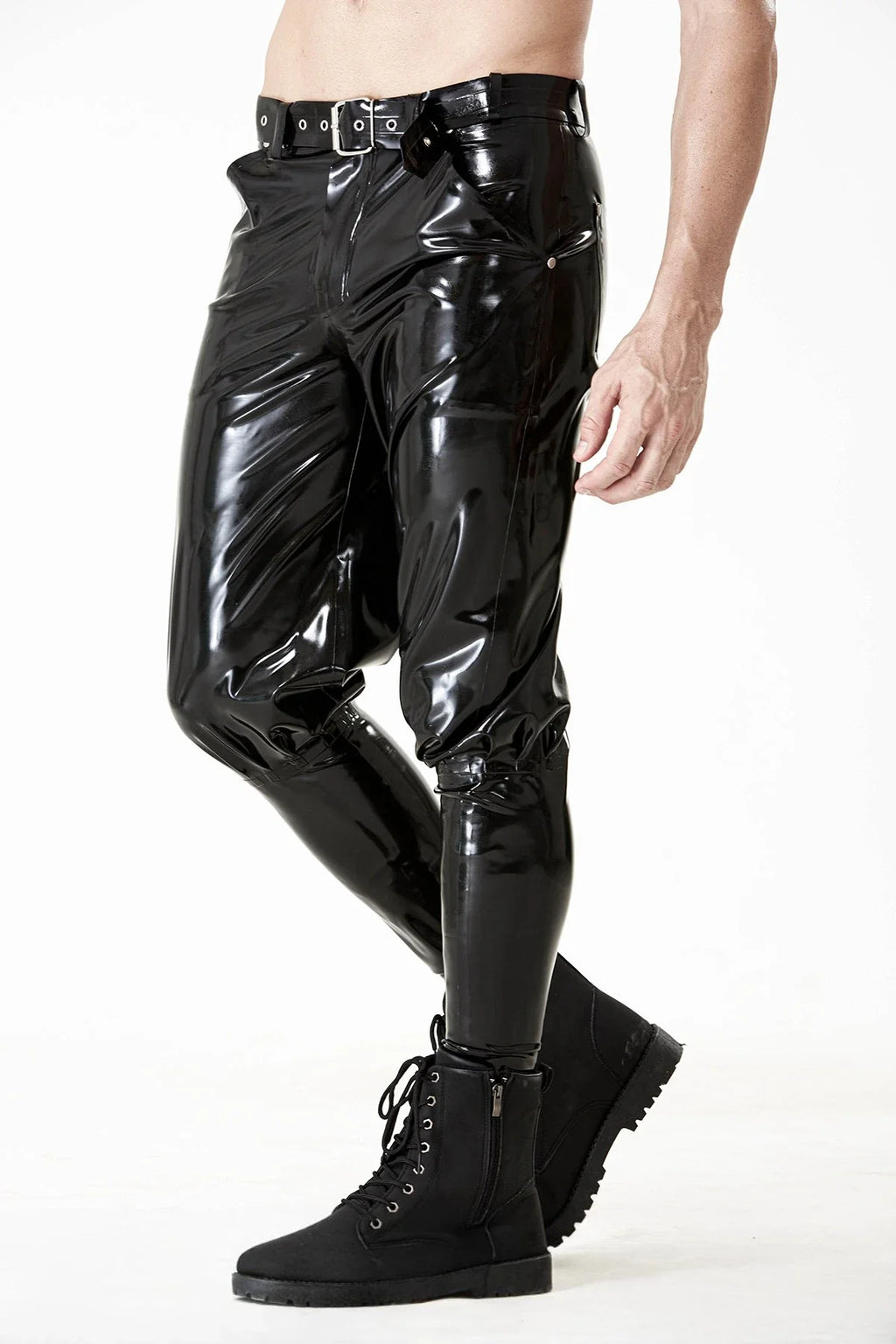 Black Knickerbocker Loose-Knee Tight-Lower-Leg Front-Zip 4-Pocket Belt-Loop Latex Jeans