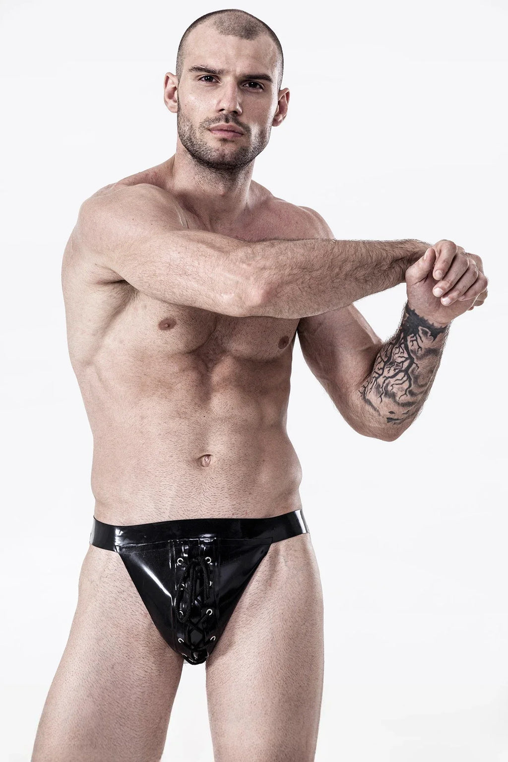 Black Laced-Front Wide-Band Pull-On Latex Jockstrap