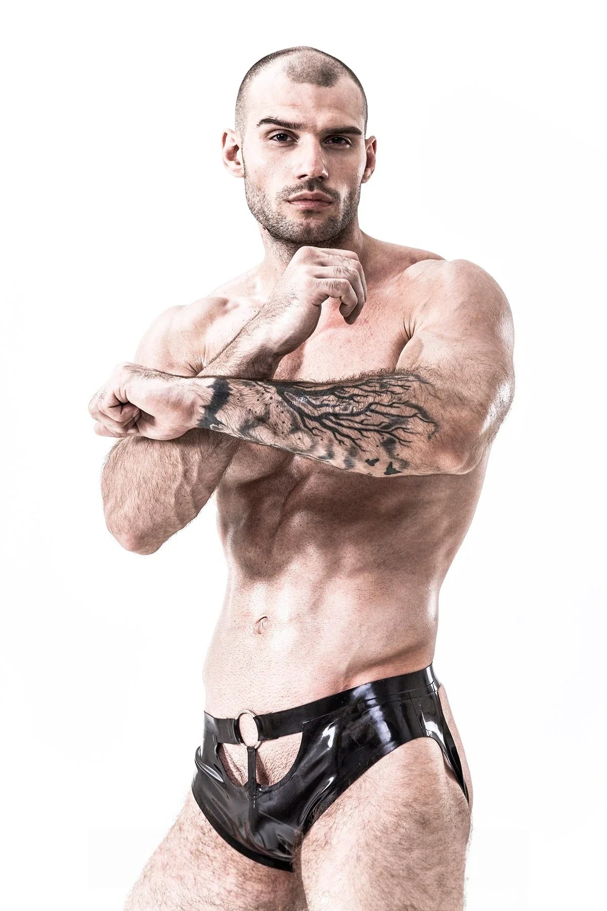 Black Low-Waist O-Ring Harnessed Latex Jockstrap Briefs