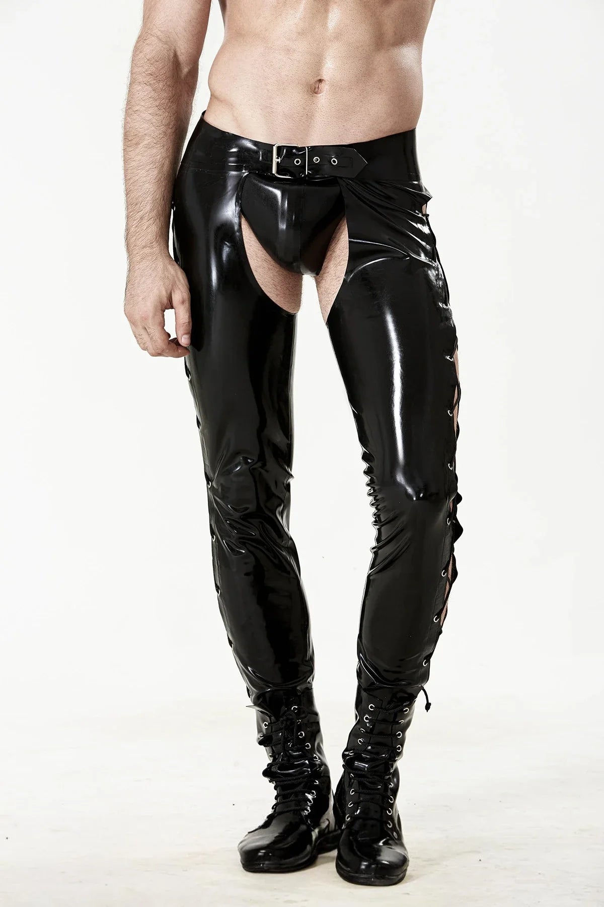 Black Low-Waist Side-Laced Belted Latex Chaps