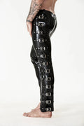 Black Multi-Buckle Leg Flap-Front-Zip Belt-Loop Stud-Waist Straight-Cut Latex Jeans