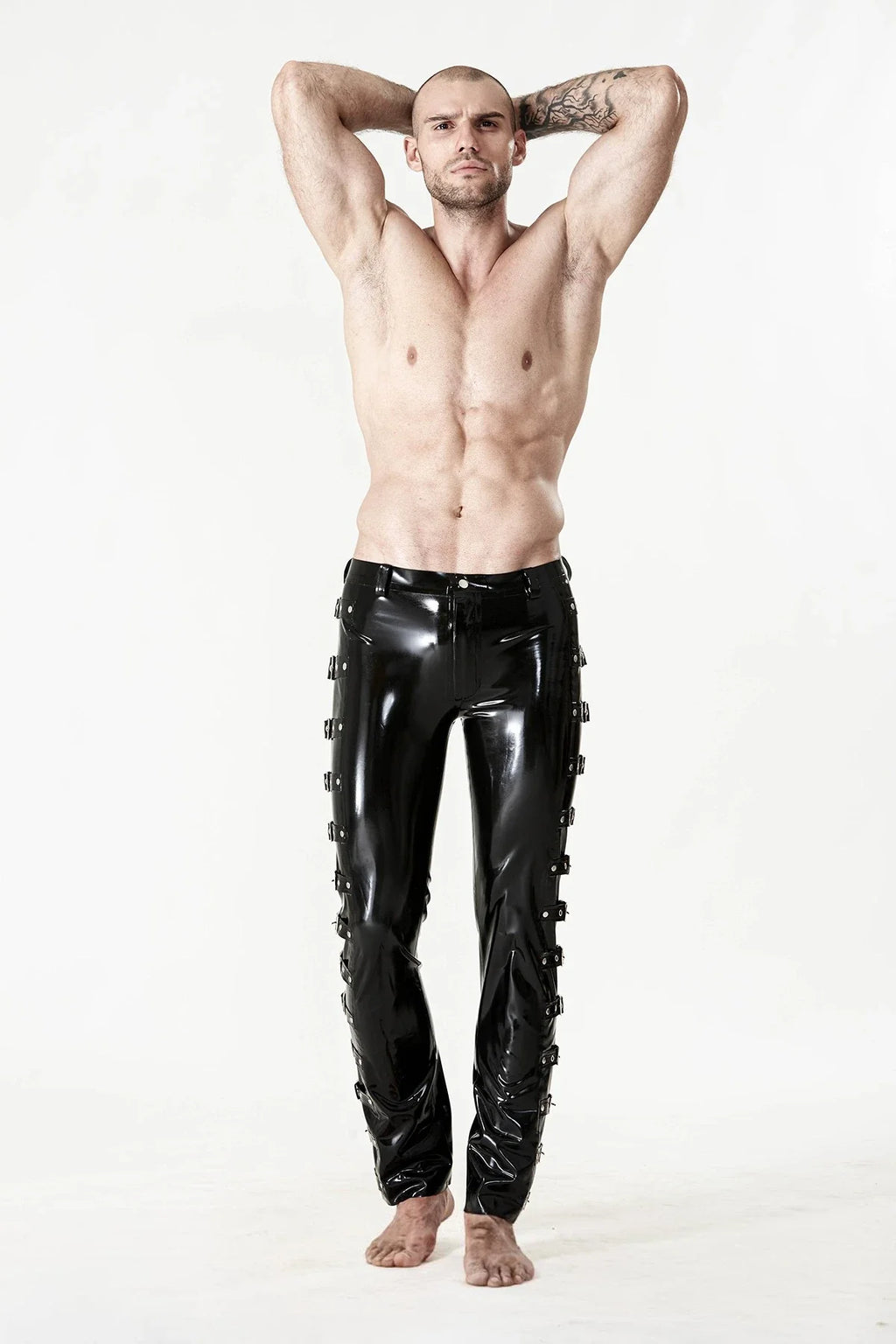 Black Multi-Buckle Leg Flap-Front-Zip Belt-Loop Stud-Waist Straight-Cut Latex Jeans