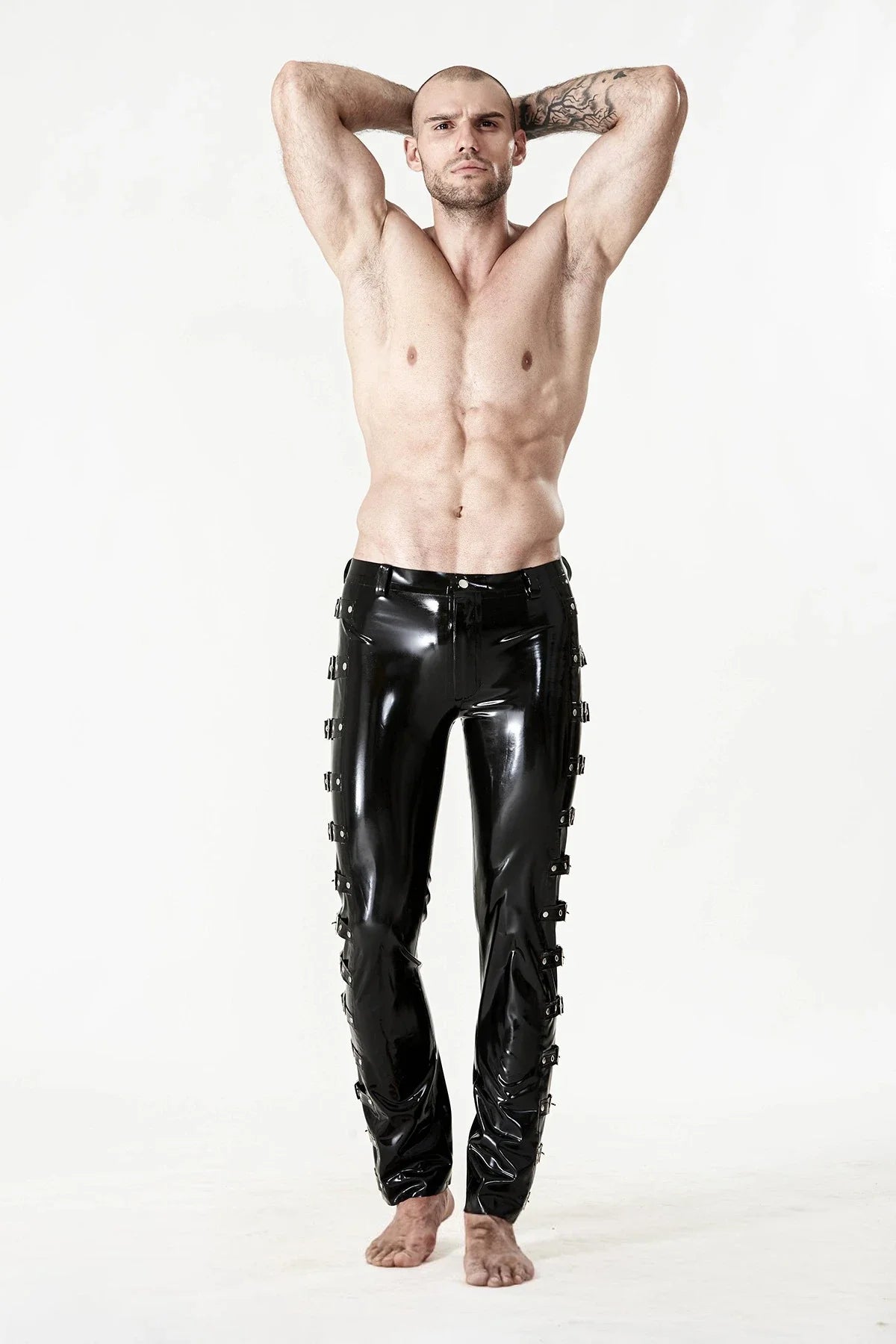 Black Multi-Buckle Leg Flap-Front-Zip Belt-Loop Stud-Waist Straight-Cut Latex Jeans