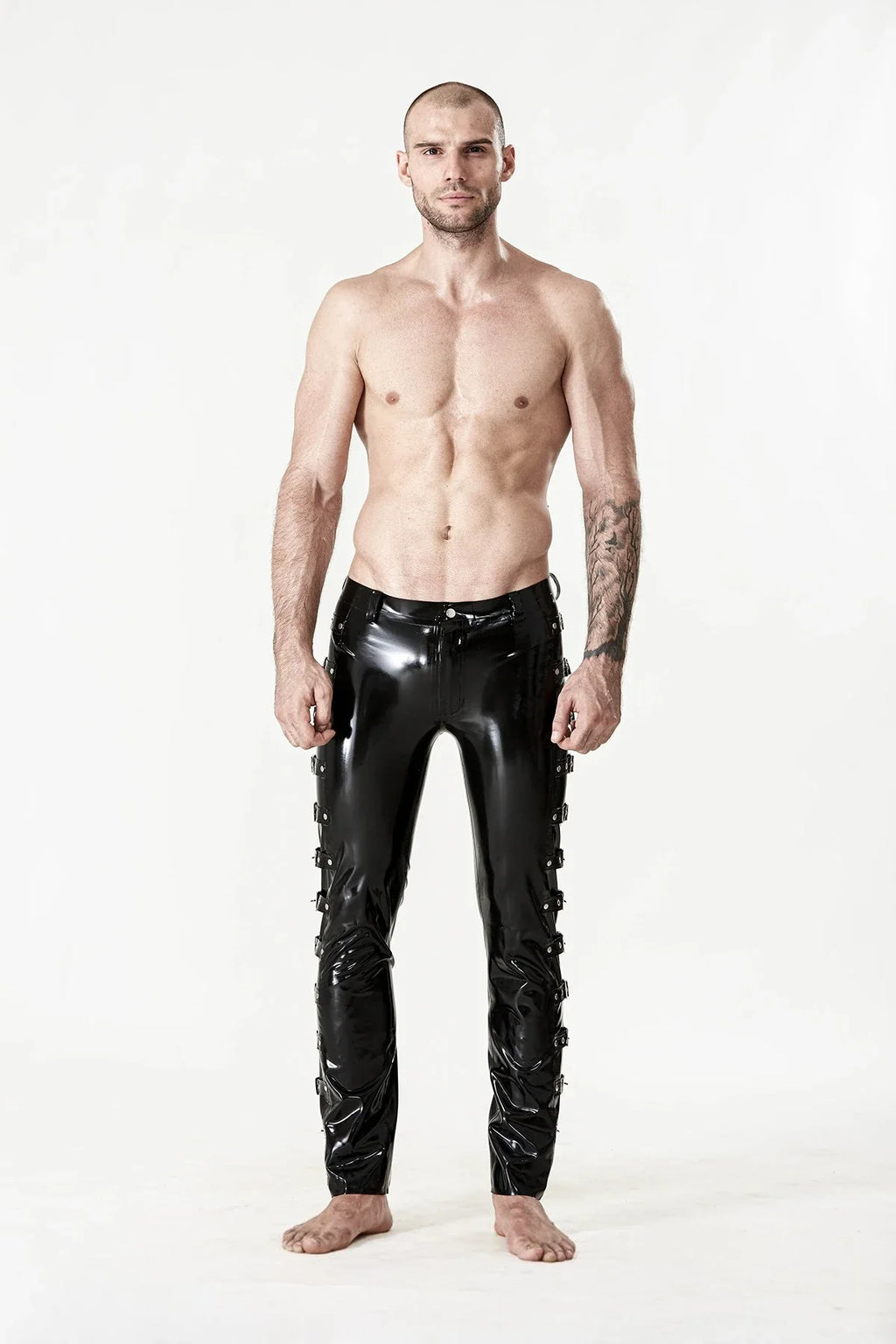 Black Multi-Buckle Leg Flap-Front-Zip Belt-Loop Stud-Waist Straight-Cut Latex Jeans