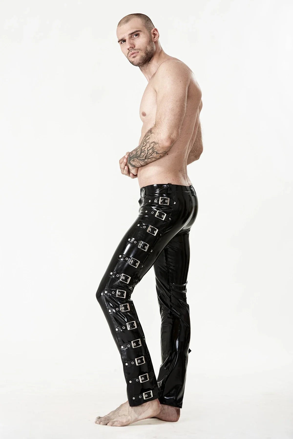 Black Multi-Buckle Leg Flap-Front-Zip Belt-Loop Stud-Waist Straight-Cut Latex Jeans