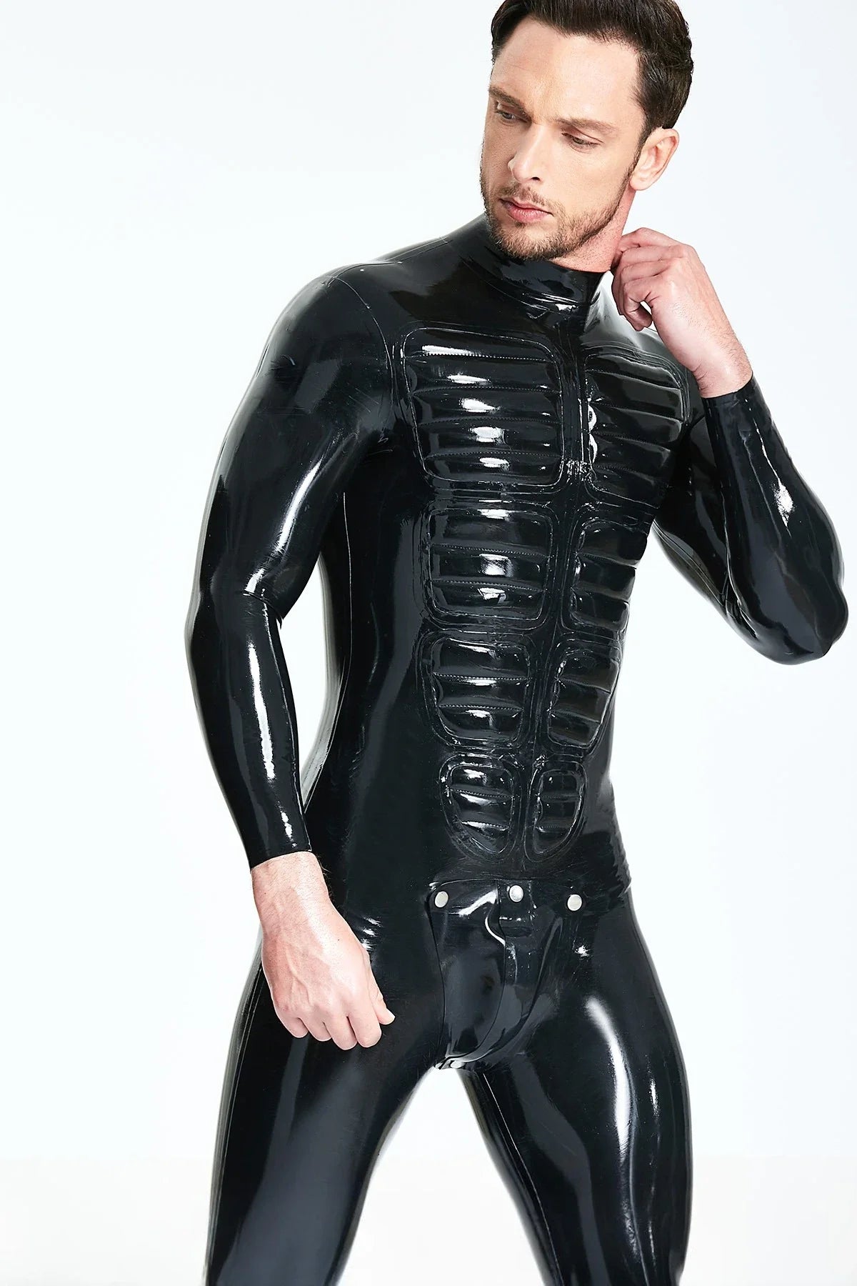 Black 'Muscle Chest' Back-Zip Padded Codpiece Latex Catsuit