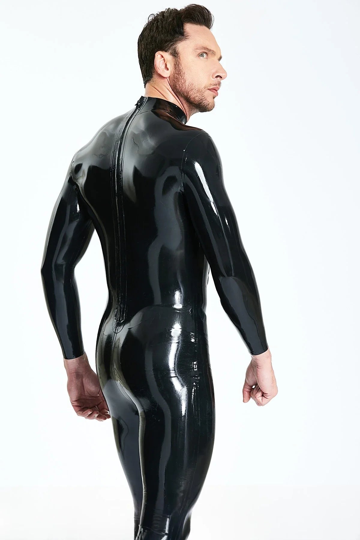 Black 'Muscle Chest' Back-Zip Padded Codpiece Latex Catsuit
