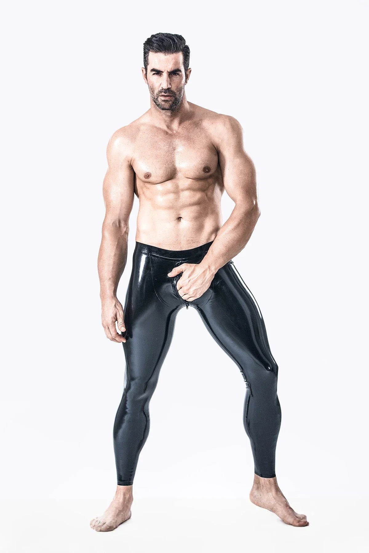 Black Classic Low-Waist 3-Way Crotch Zip Latex Leggings