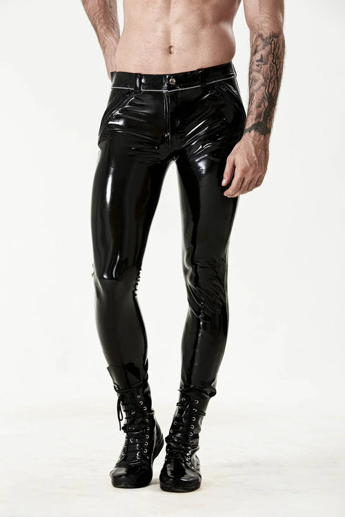 Black & Metallic Silver 'Cavalry' Side-Striped Front-Zip Latex Jeans