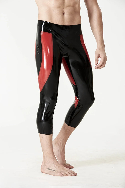 Black & Red Heart-Bum Curved-Panel Three-Quarter Latex Leggings