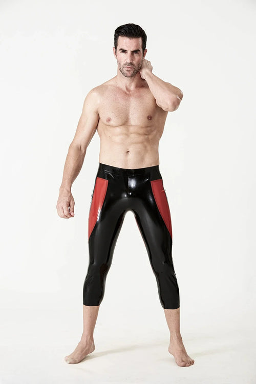 Black & Red Heart-Bum Curved-Panel Three-Quarter Latex Leggings
