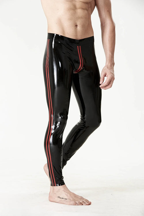 Black & Red Pouched-Crotch Dual-Stripe Leg Tight-Waist No-Zip Ankle Latex Leggings