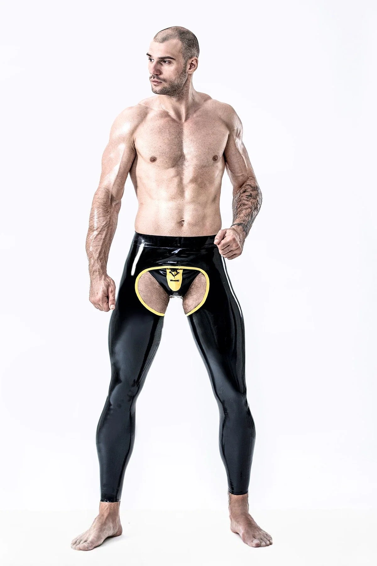 Black & Yellow Braveman Open-Crotch Bum Chaps Low-Waist Tight-Fit Latex Leggings