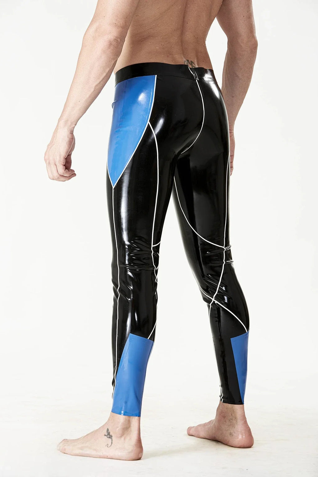 Black, Middle Blue & White Hip-Hop Side-Hip-Panel Stripe-Leg Ankle-Panel Tight-Waist No-Zip Latex Leggings
