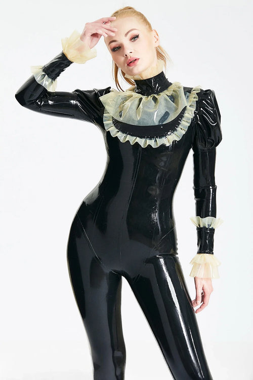 Black & Translucent Natural Froo Froo Back-Zip Latex Catsuit