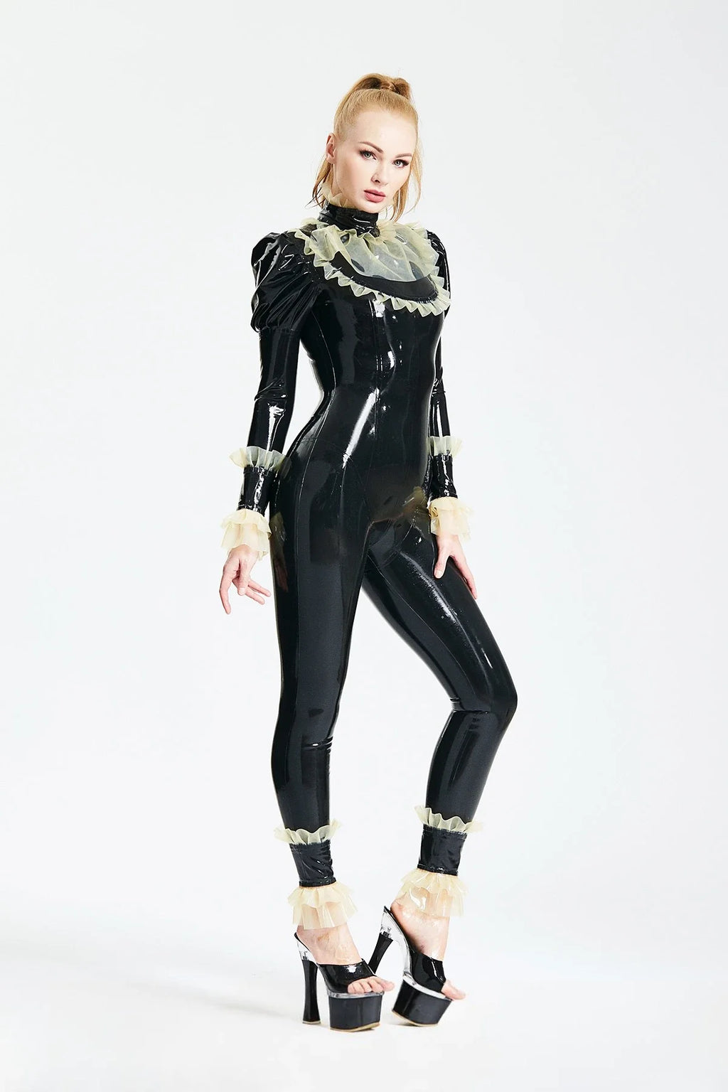 Black & Translucent Natural Froo Froo Back-Zip Latex Catsuit