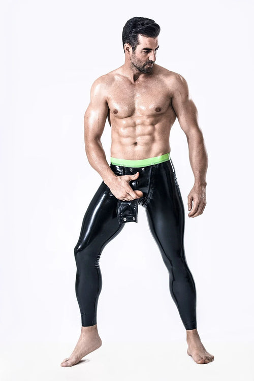 Black & Grass Green Studded Codpiece Dual-Zip Contrast-Waistband Latex Leggings