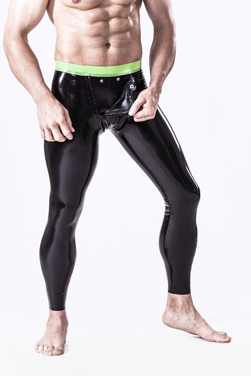 Black & Grass Green Studded Codpiece Dual-Zip Contrast-Waistband Latex Leggings
