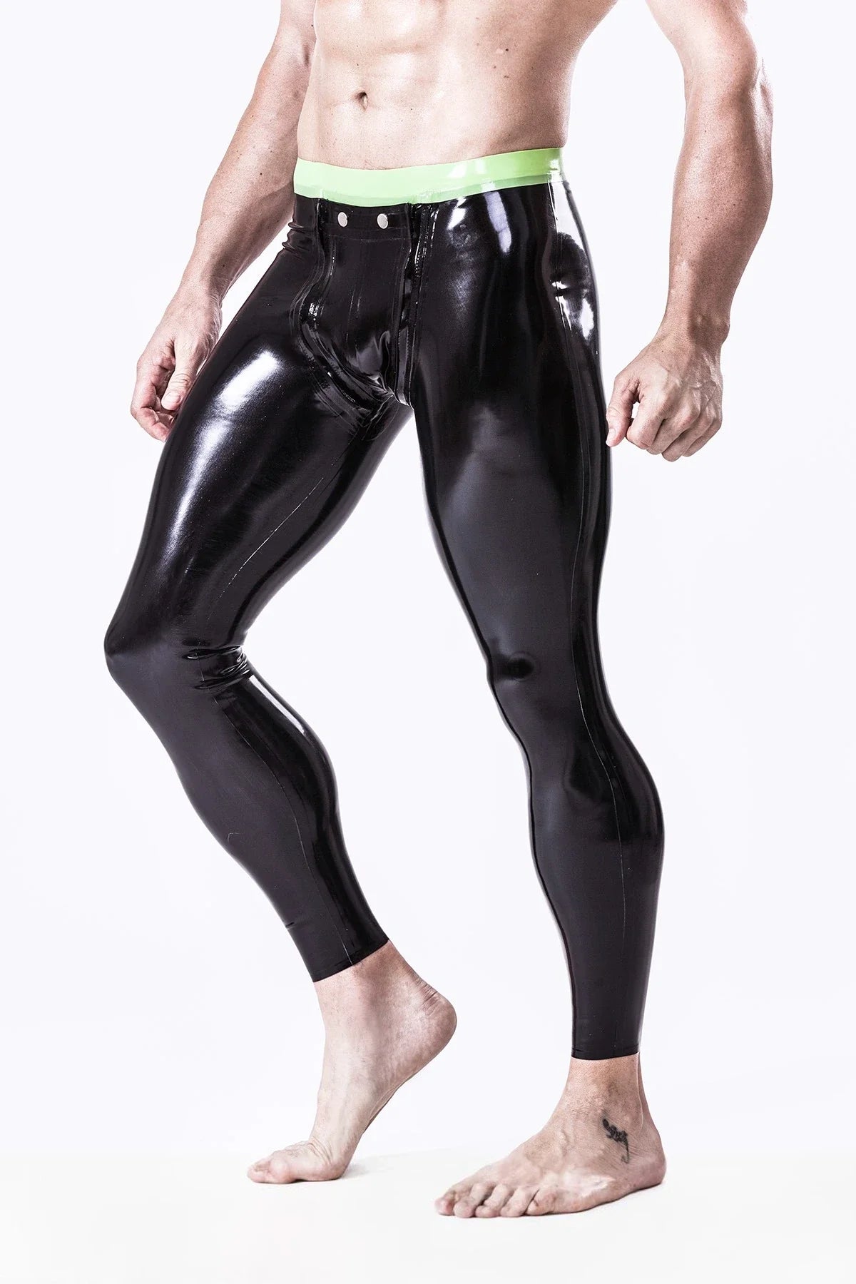 Black & Grass Green Studded Codpiece Dual-Zip Contrast-Waistband Latex Leggings