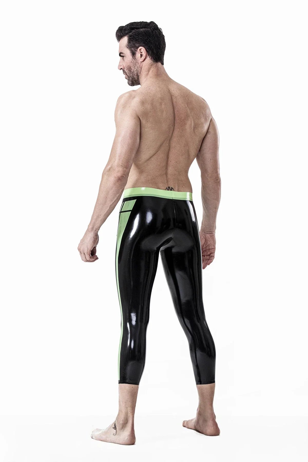 Black & Grass Green Side-Hip-Stripe Leg-Stripe Contrast-Waistband No-Zip Ankle Latex Tights