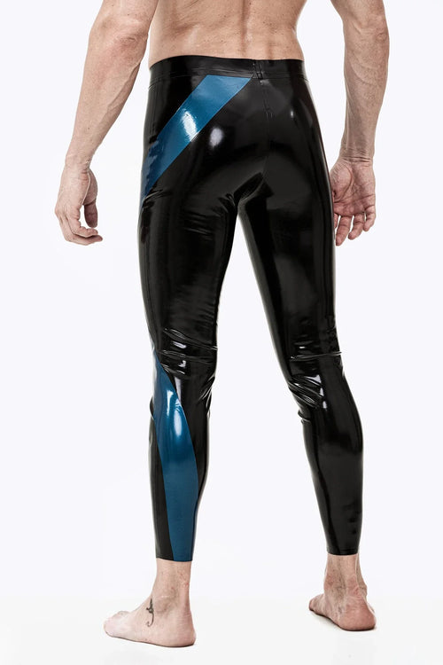 Black & Metallic Blue Meander Winding-Panel Ankle No-Zip Latex Leggings