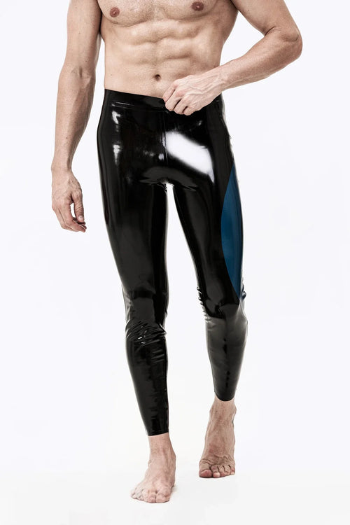 Black & Metallic Blue Meander Winding-Panel Ankle No-Zip Latex Leggings