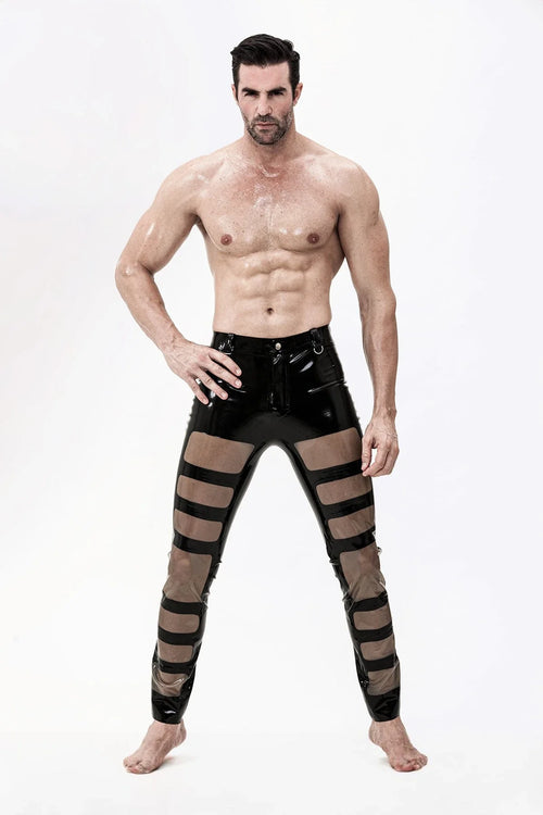Black & Translucent Grey Jeans-Style Flap-Zip Translucent-Panel Tapered-Cuff Ring-Loop Latex Pants
