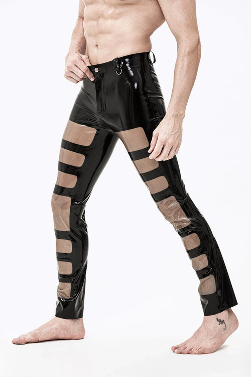 Black & Translucent Grey Jeans-Style Flap-Zip Translucent-Panel Tapered-Cuff Ring-Loop Latex Pants