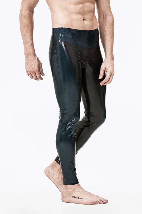 Black & Peacock Blue Two-Tone Hip-Panel Outer-Leg-Panel No-Zip No-Elastic Latex Tights