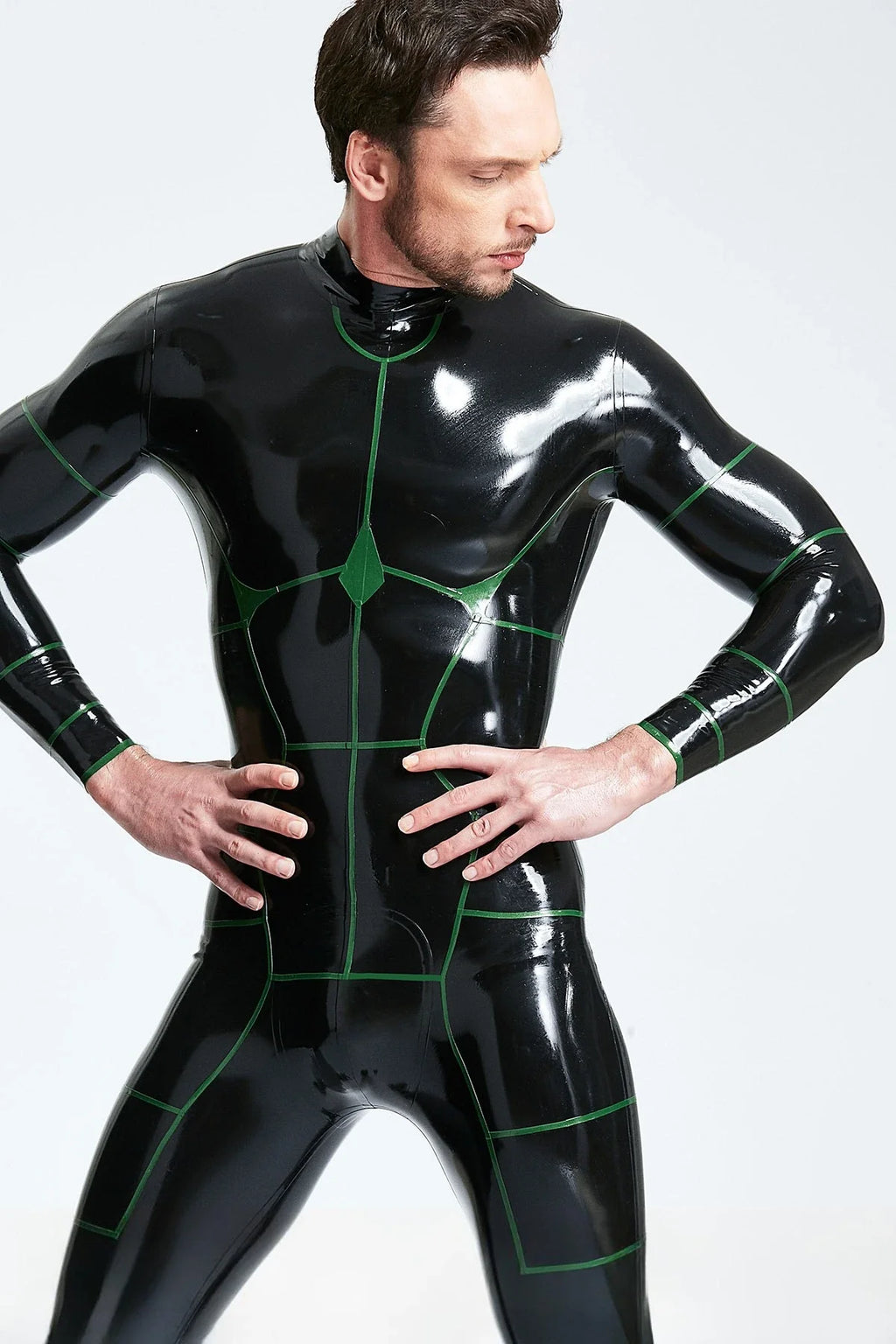 Black Metallic Green Hexagonal Back-Zip Latex Catsuit