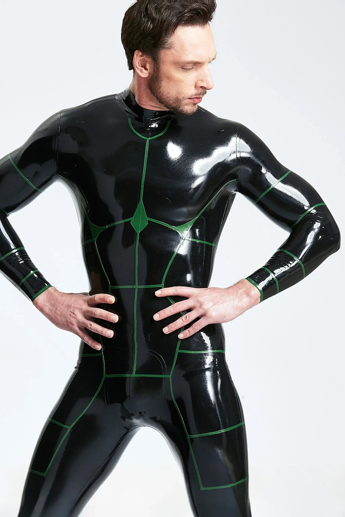Black Metallic Green Hexagonal Back-Zip Latex Catsuit