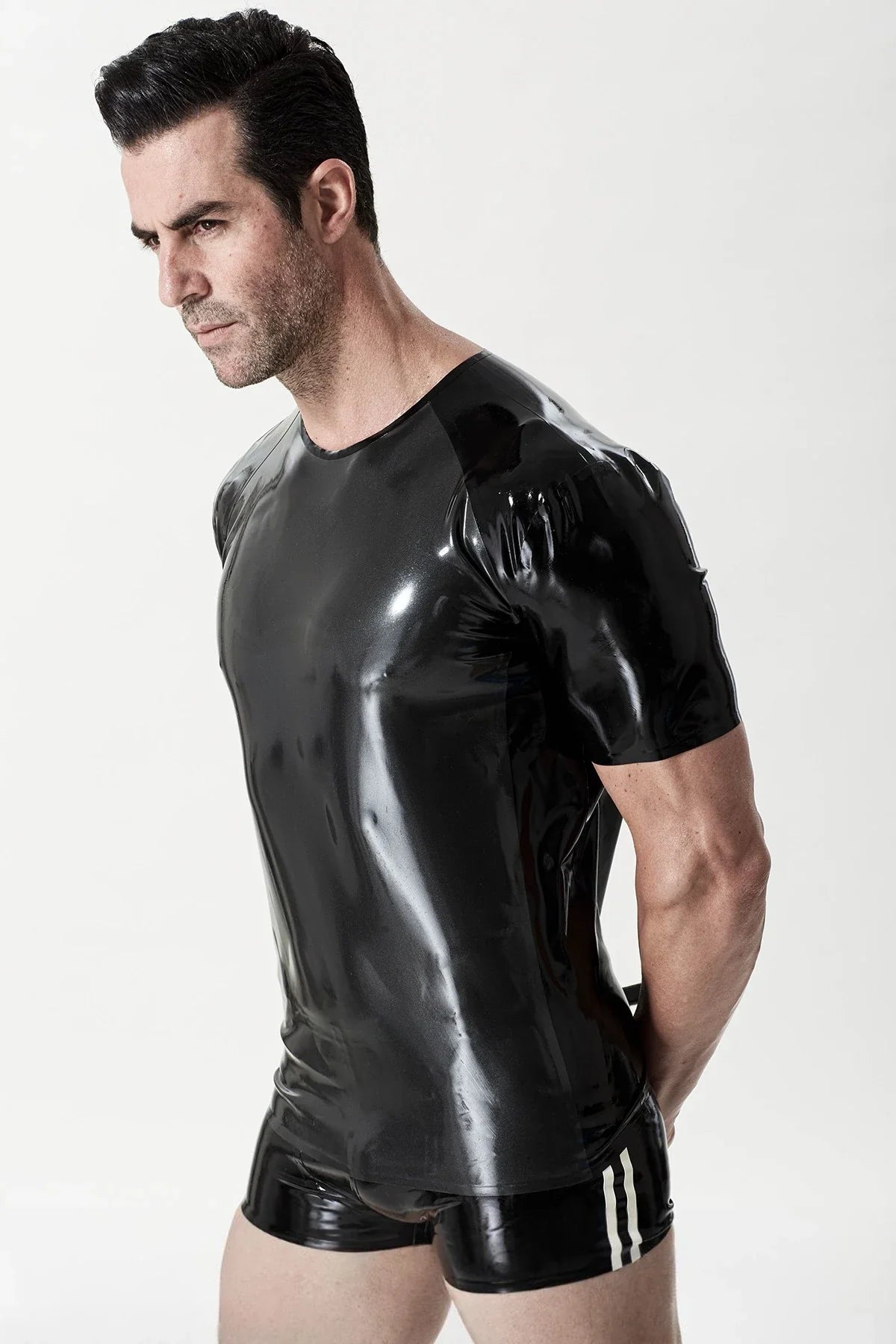 Black & Metallic Pewter Loose-Fit Pullover Latex T-Shirt