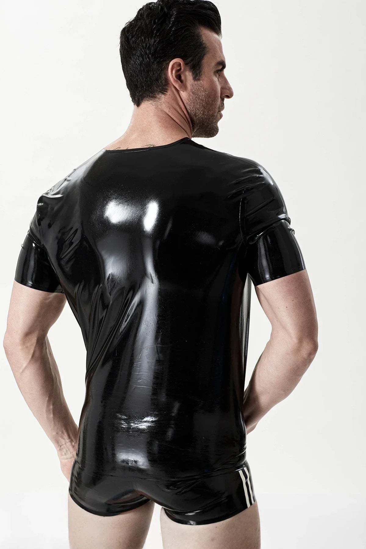 Black & Metallic Pewter Loose-Fit Pullover Latex T-Shirt