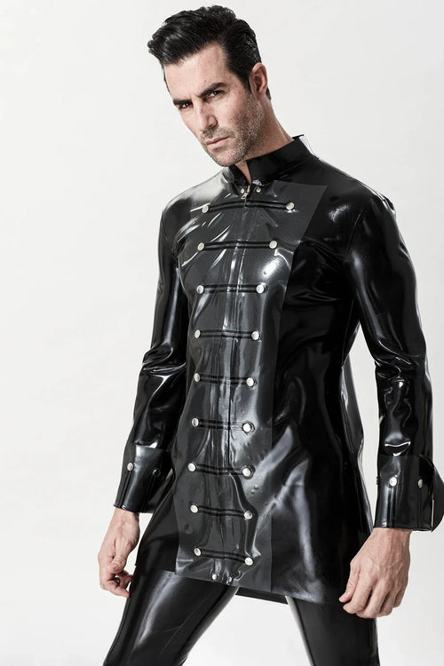 Black & Metallic Pewter Retro Victorian Pirate Military-Collar Turn-Cuff Front-Zip Latex Jacket