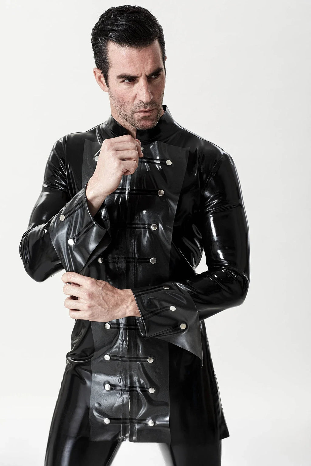 Black & Metallic Pewter Retro Victorian Pirate Military-Collar Turn-Cuff Front-Zip Latex Jacket
