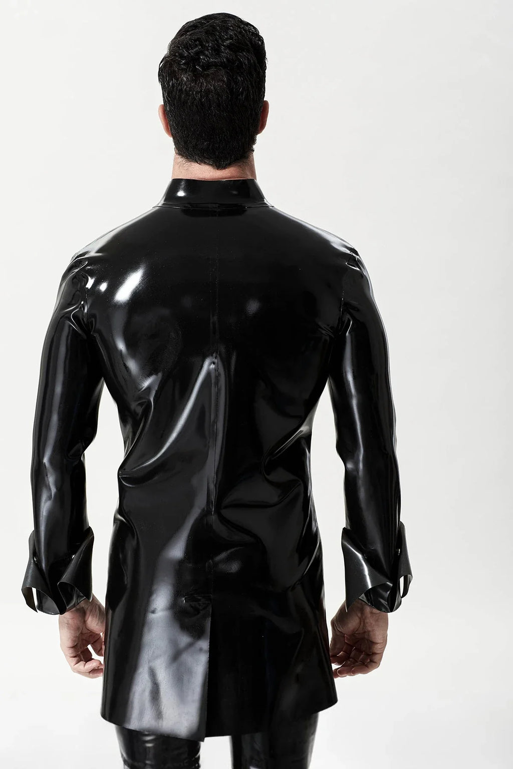 Black & Metallic Pewter Retro Victorian Pirate Military-Collar Turn-Cuff Front-Zip Latex Jacket