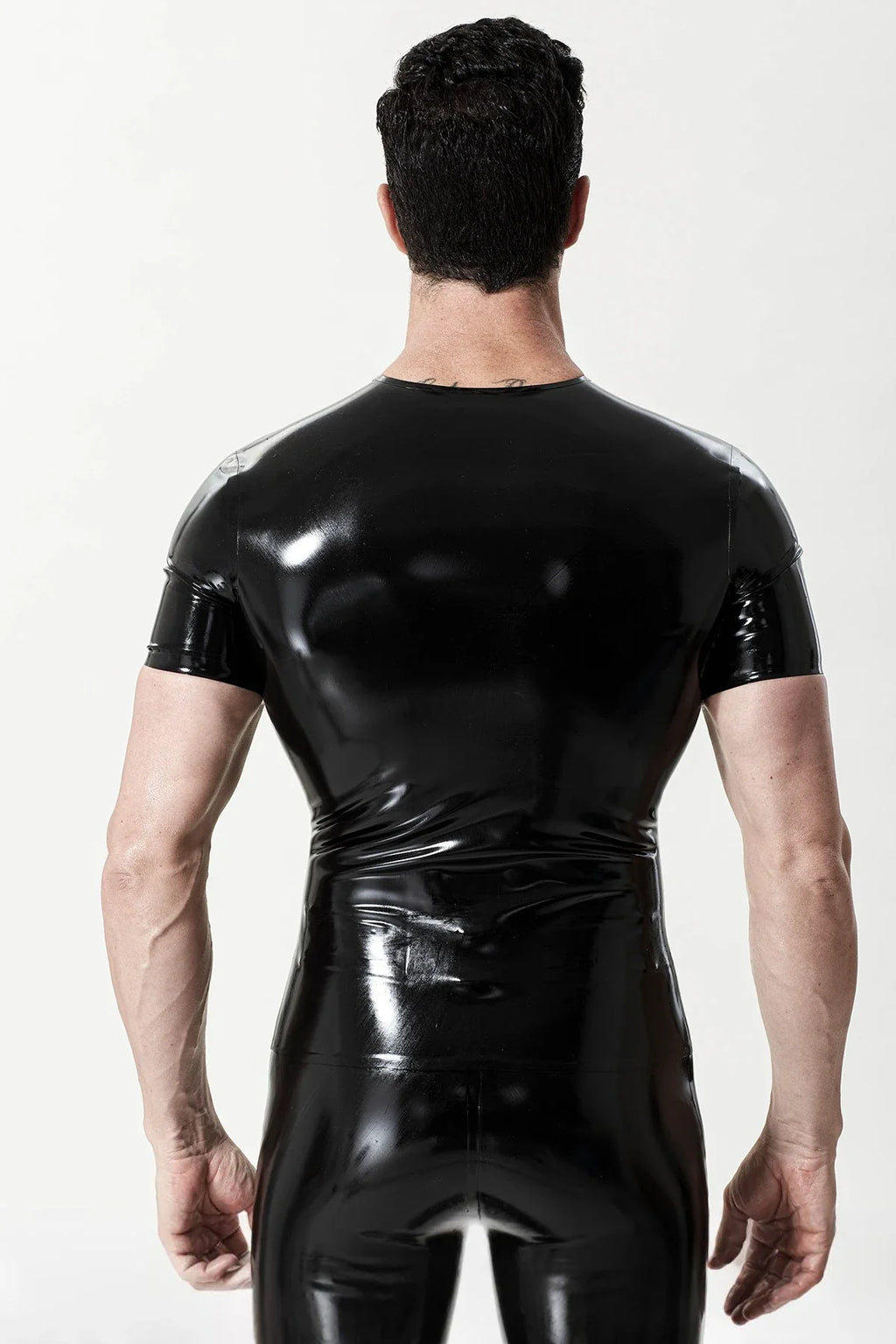 Black & Metallic Silver Batwing Motif Panel Muscle-Sleeve Tapered Round-Neck Latex T-Shirt