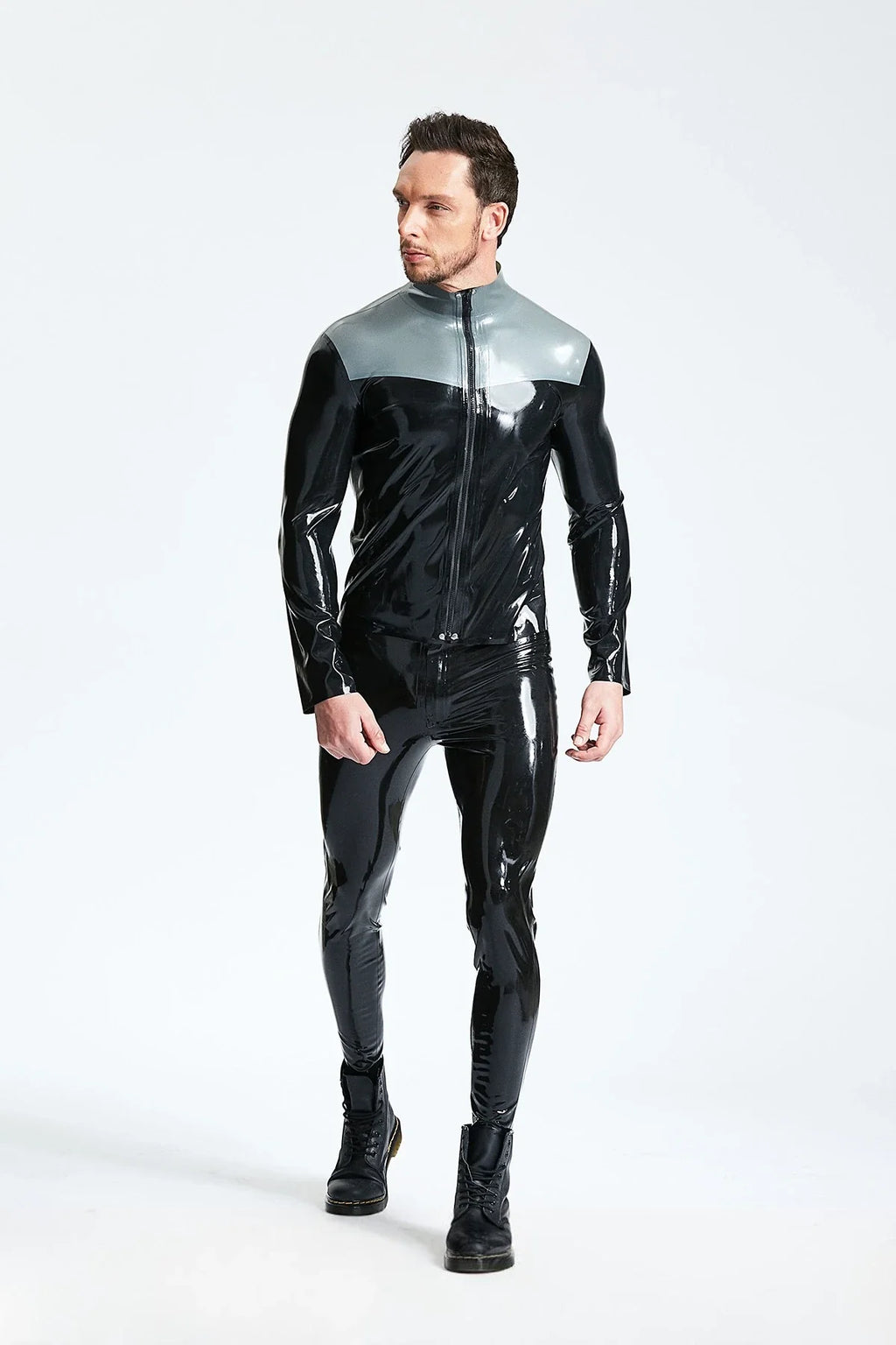 Black & Metallic Silver Mandarin-Collar Front-Zip Latex Jacket
