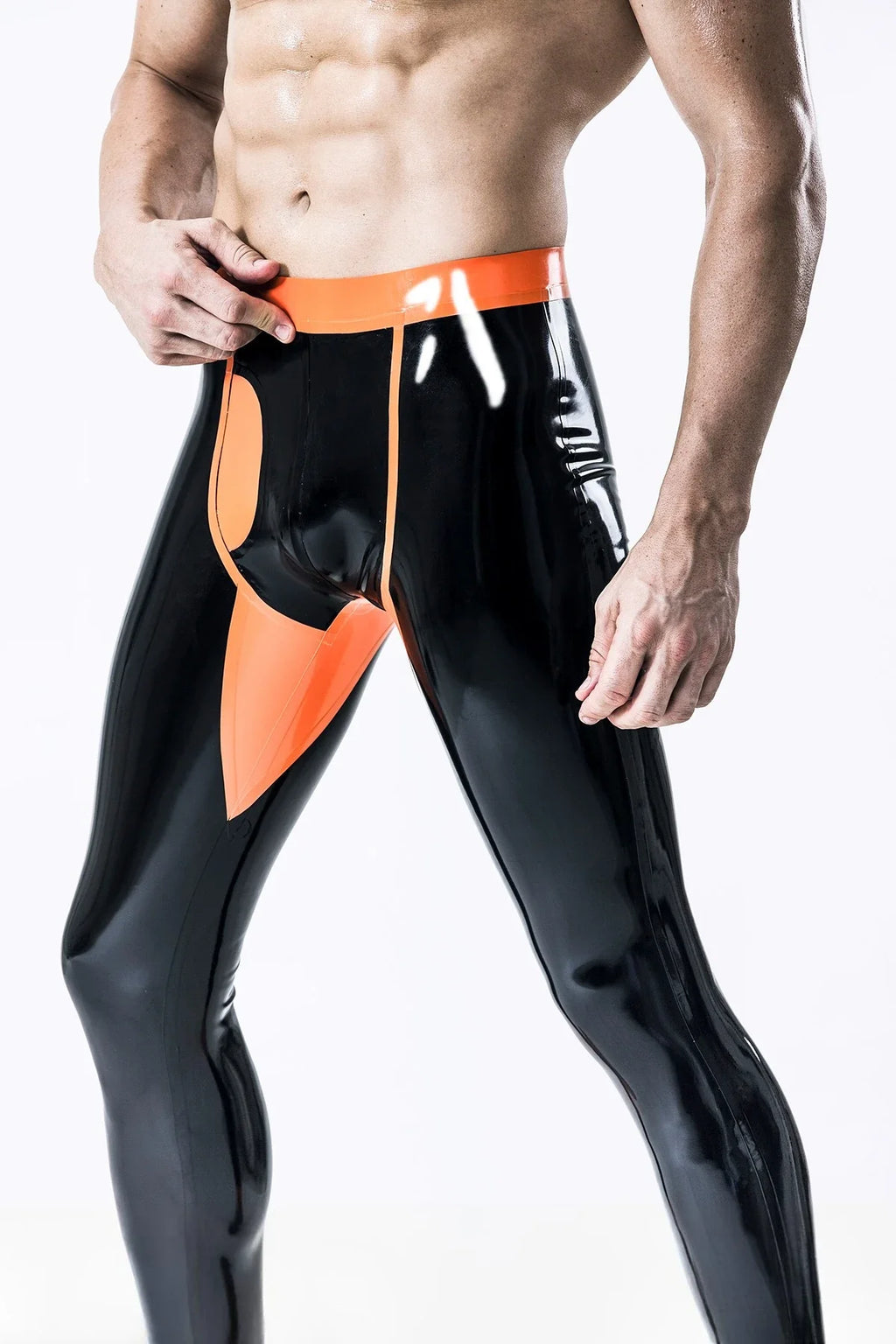 Black Orange-Trim Penny-Pocket Low-Waist Optional-Bum-Zip Latex Leggings