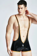 Black & Orange 'V'-Plunge Open-Bum Zipperless Latex Wrestling Suit