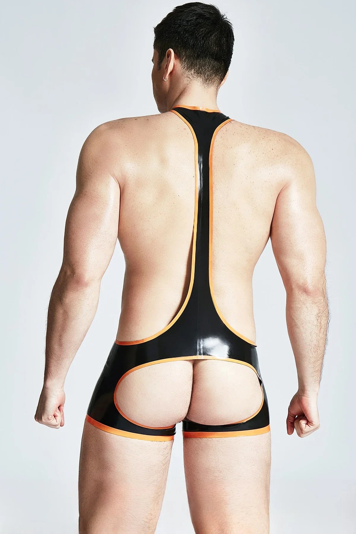 Black & Orange 'V'-Plunge Open-Bum Zipperless Latex Wrestling Suit