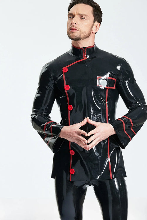 Black & Red Cavalier Double-Breasted Military-Collar Flared-Sleeve Stripe-Trim Latex Jacket