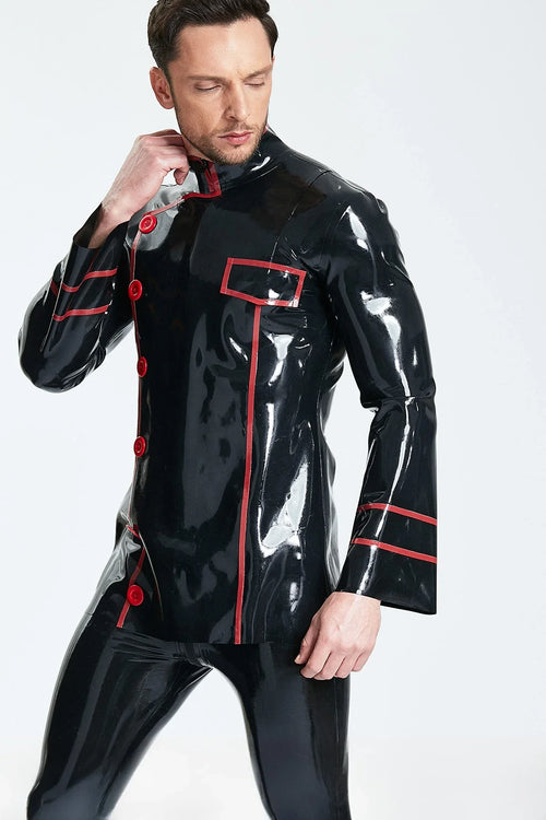Black & Red Cavalier Double-Breasted Military-Collar Flared-Sleeve Stripe-Trim Latex Jacket